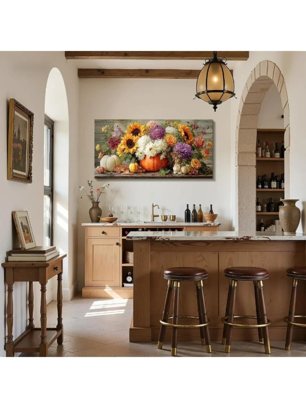 Large Rustic Autumn Wall Art - Fall Pumpkin & Sunflower Home Decor